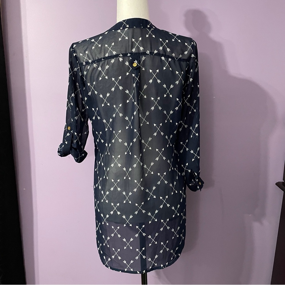 Ardene Navy Sheer Blouse with Cross Arrow Design Size Small - Picture 2 of 7